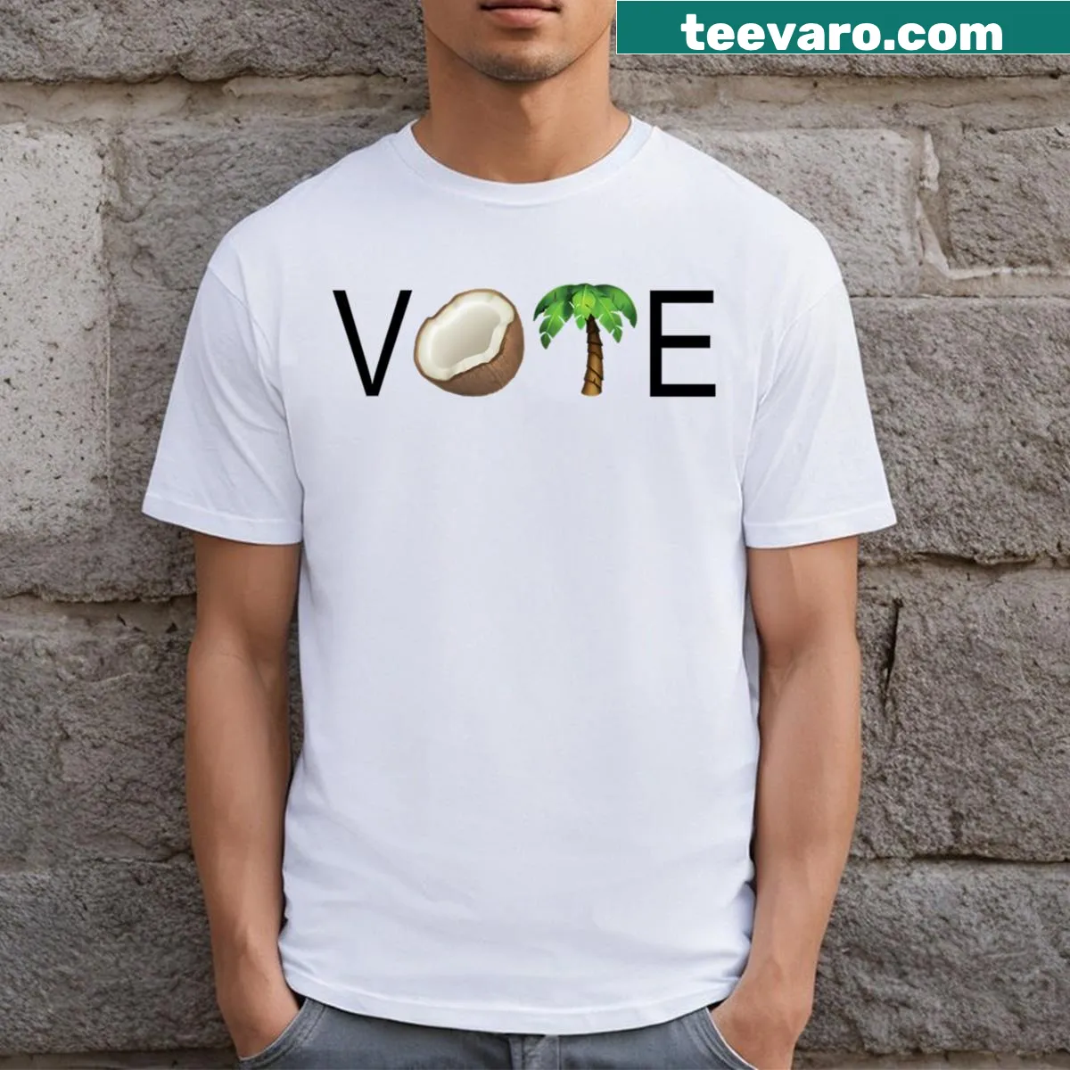 Funny coconut tree graphic featuring Kamala and voting message — on a men's t-shirt