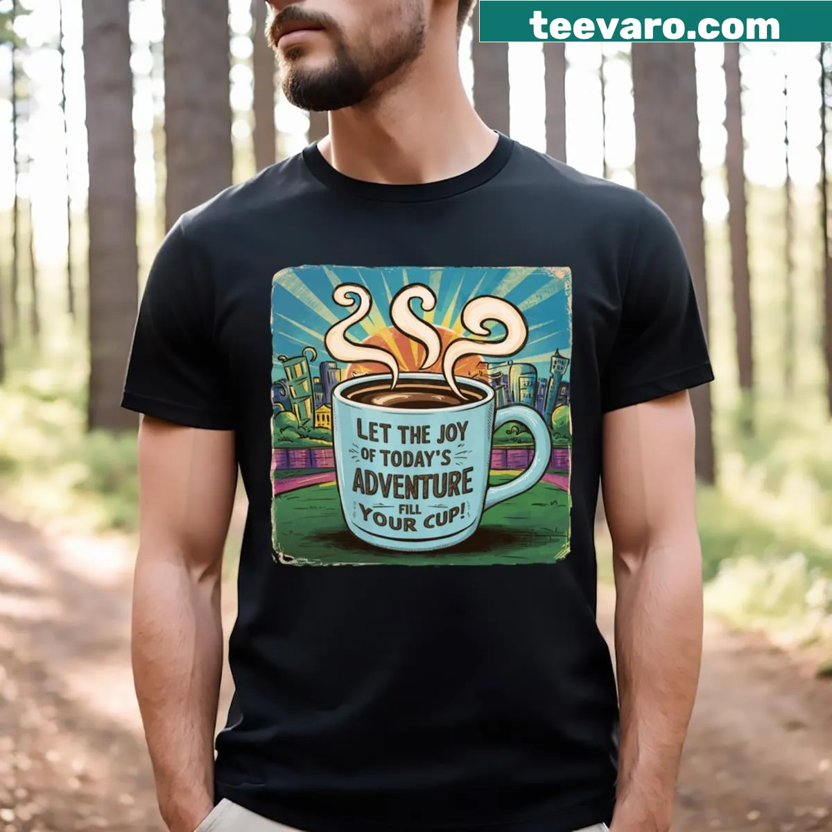 Inspirational coffee-themed graphic T-shirt — on a men's t-shirt