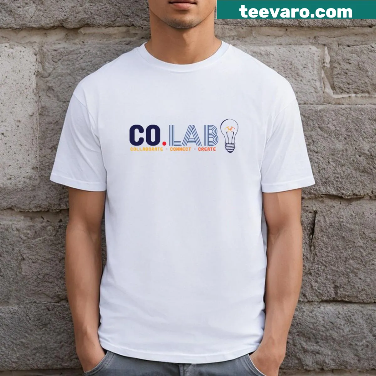 Bold typography t-shirt featuring 'Colab' text design — on a men's t-shirt