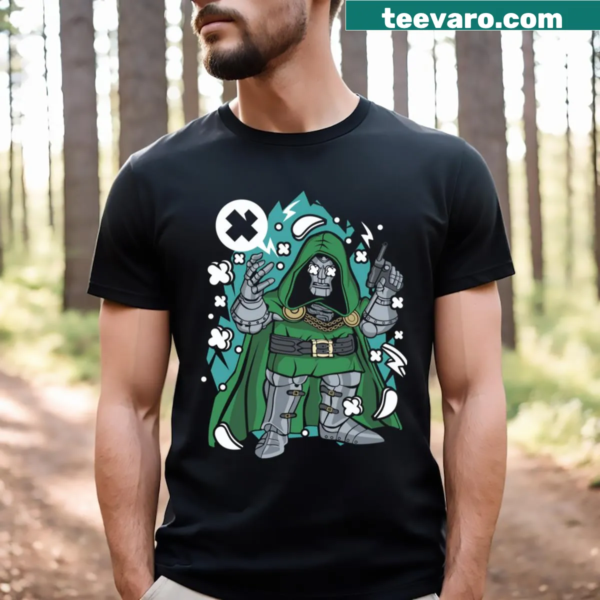 Vintage superhero movie logo t-shirt with comic design — on a men's t-shirt
