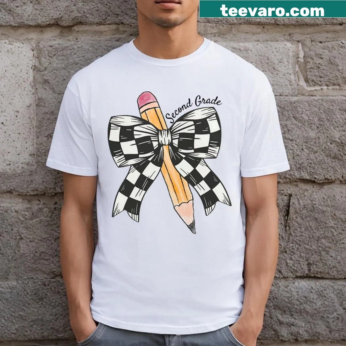 Cute pencil and bow graphic for teachers T-shirt — on a men's t-shirt