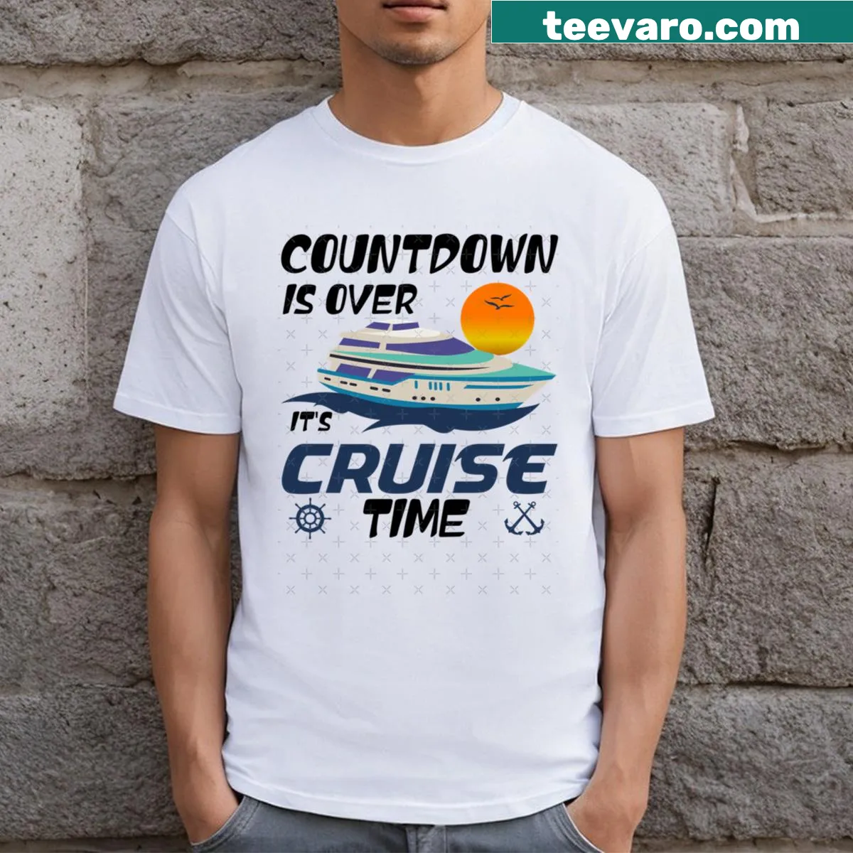 Playful cruise-themed T-shirt with vacation text — on a men's t-shirt