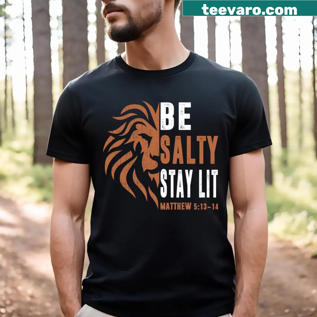 Inspirational Christian shirt with lion graphic and text — on a men's t-shirt