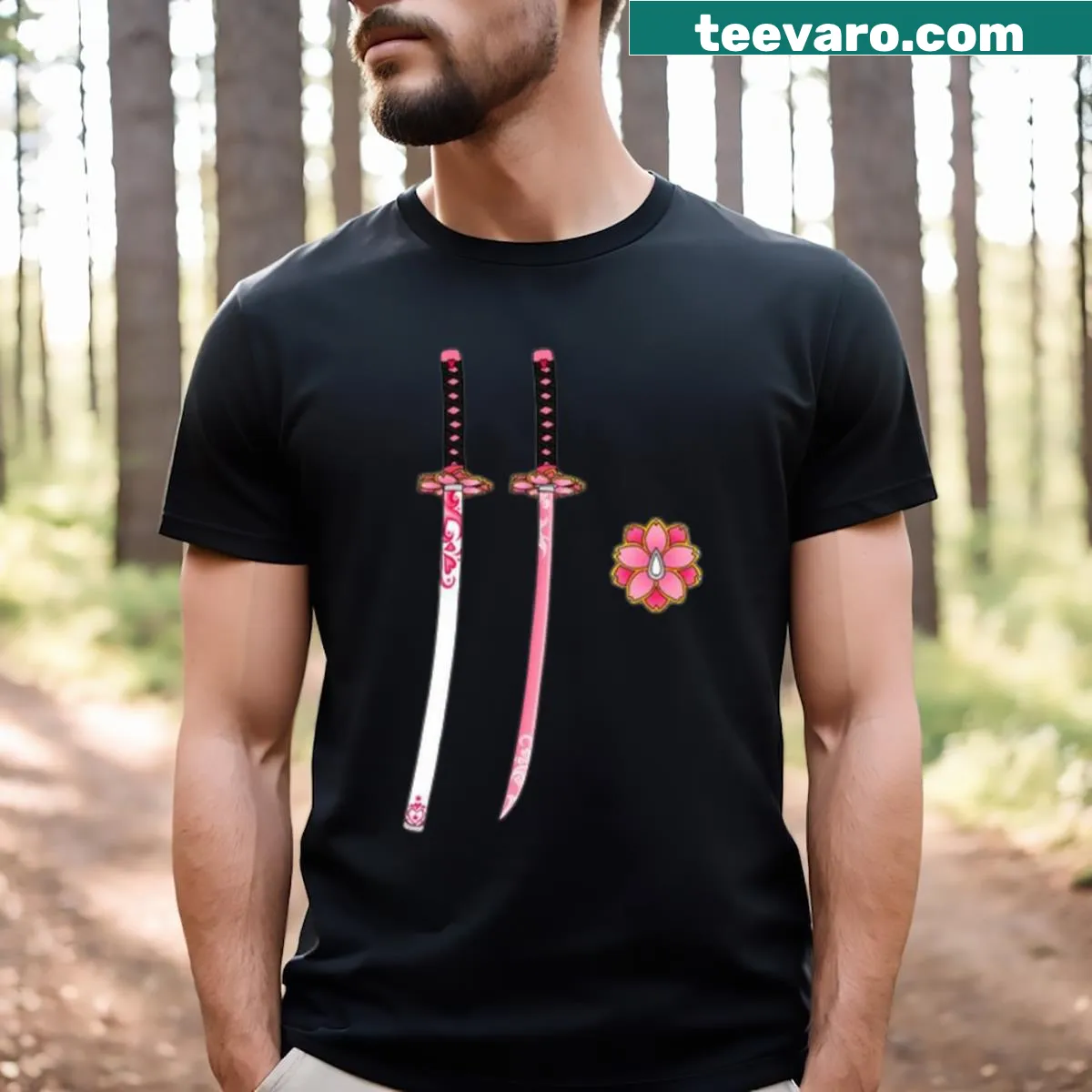 Anime-inspired T-shirt featuring illustrated swords from Demon Slayer — on a men's t-shirt