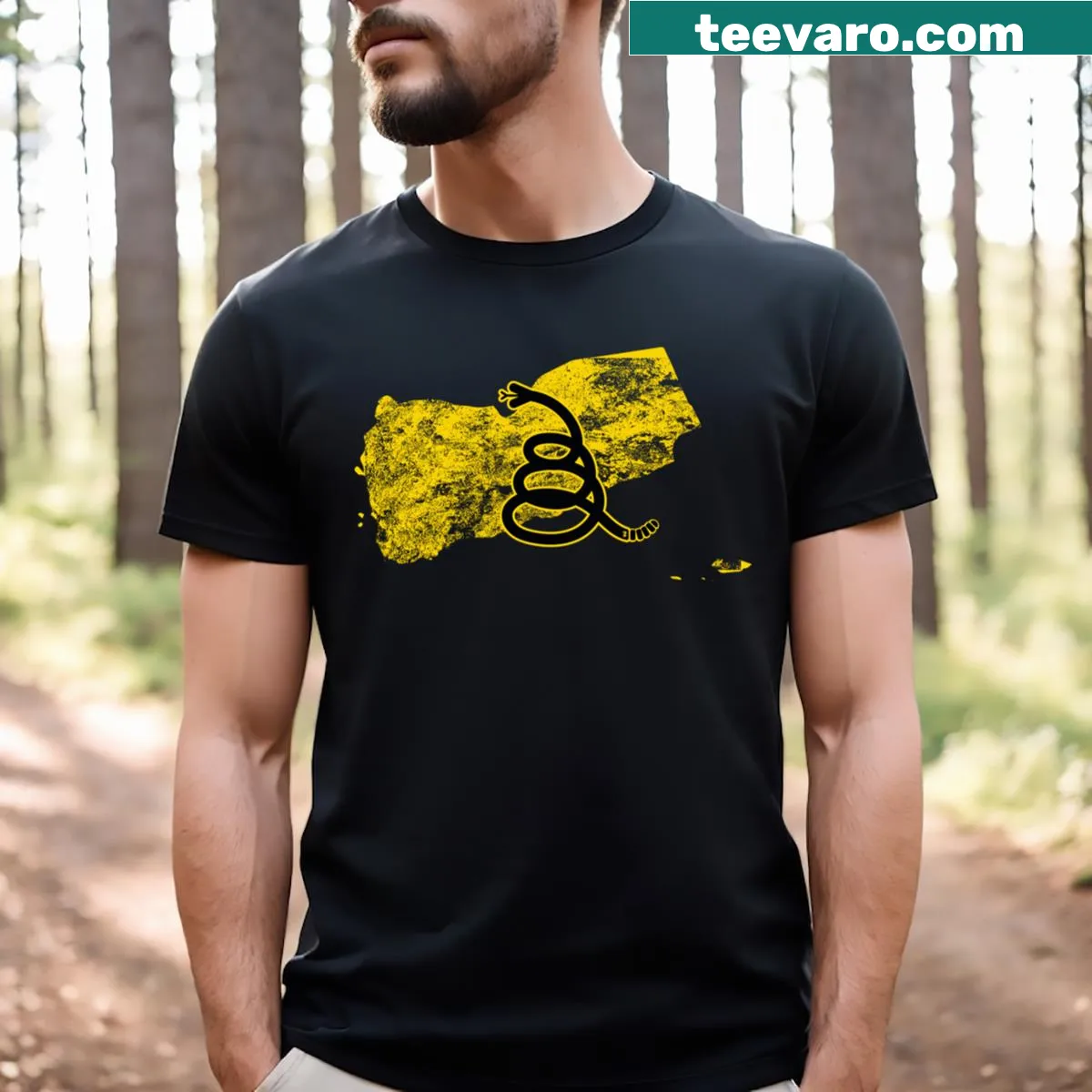 Modern Gadsden snake design with distressed text on a t-shirt — on a men's t-shirt