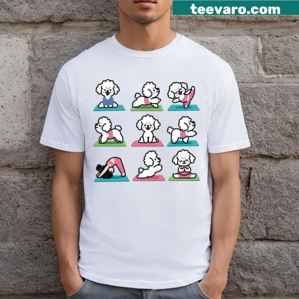 Cute illustration of a Bichon puppy doing yoga poses