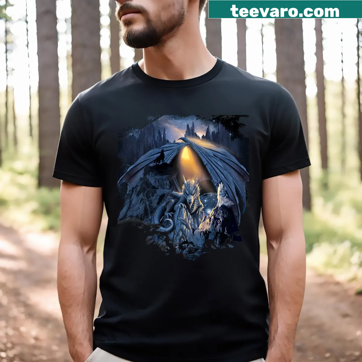 Fantasy t-shirt featuring a dragon and wolf against a mountain — on a men's t-shirt