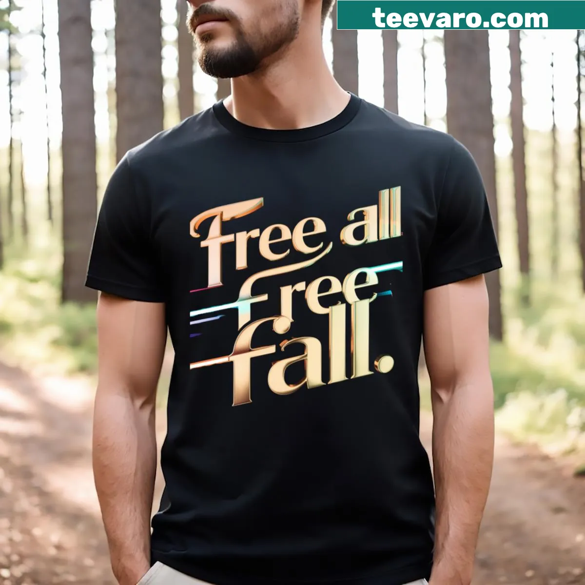 T-shirt featuring the phrase 'Free All Free Fall' in bold typography — on a men's t-shirt