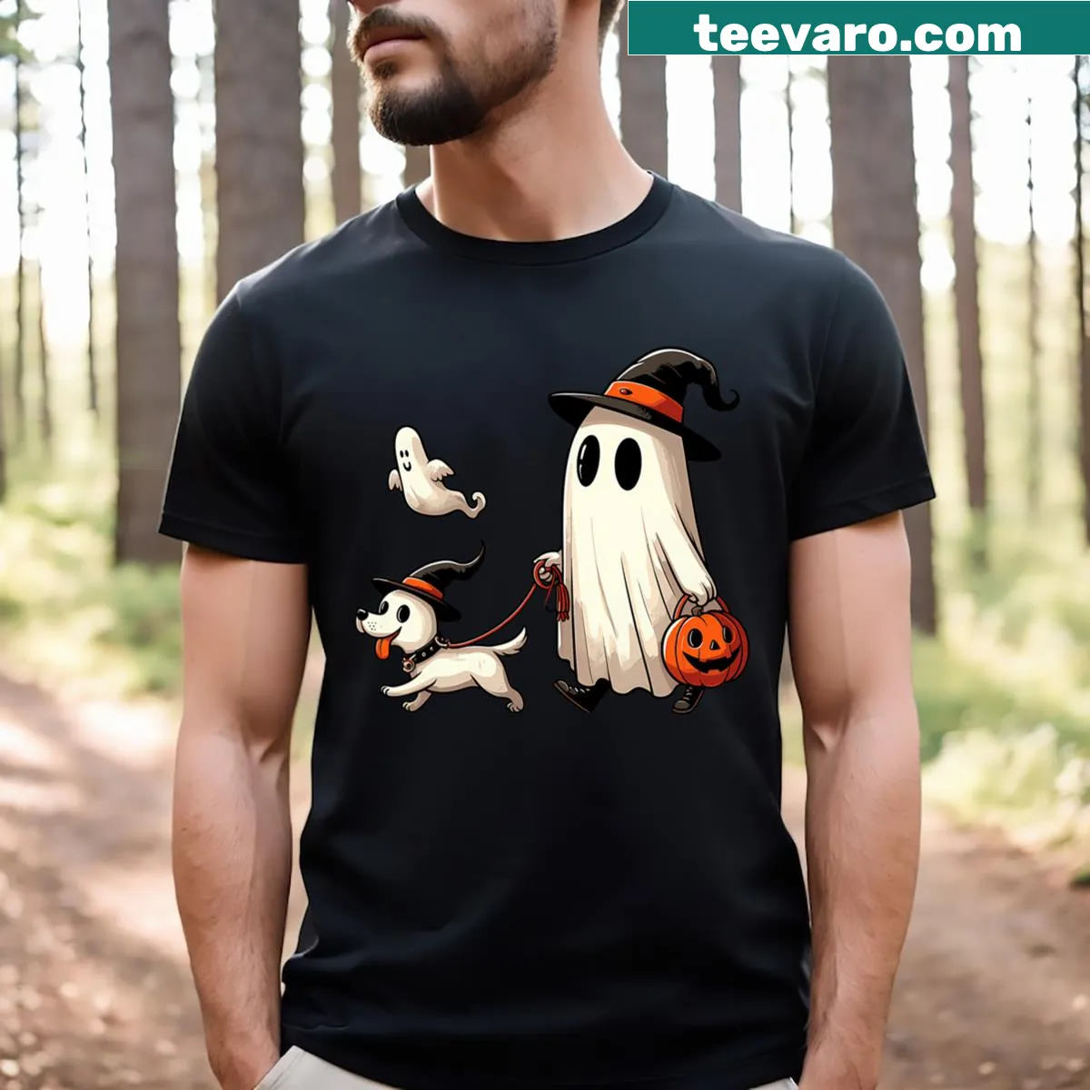 Whimsical Halloween T-shirt featuring a ghost and a walking dog — on a men's t-shirt
