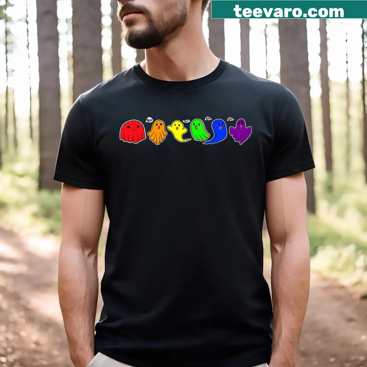 Colorful rainbow ghost design for LGBTQ Halloween T-shirt — on a men's t-shirt