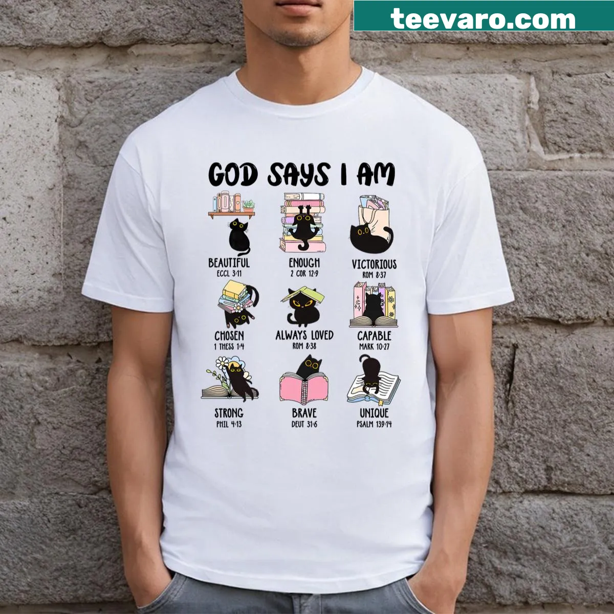 Cute black cat and uplifting text on a groovy T-shirt — on a men's t-shirt