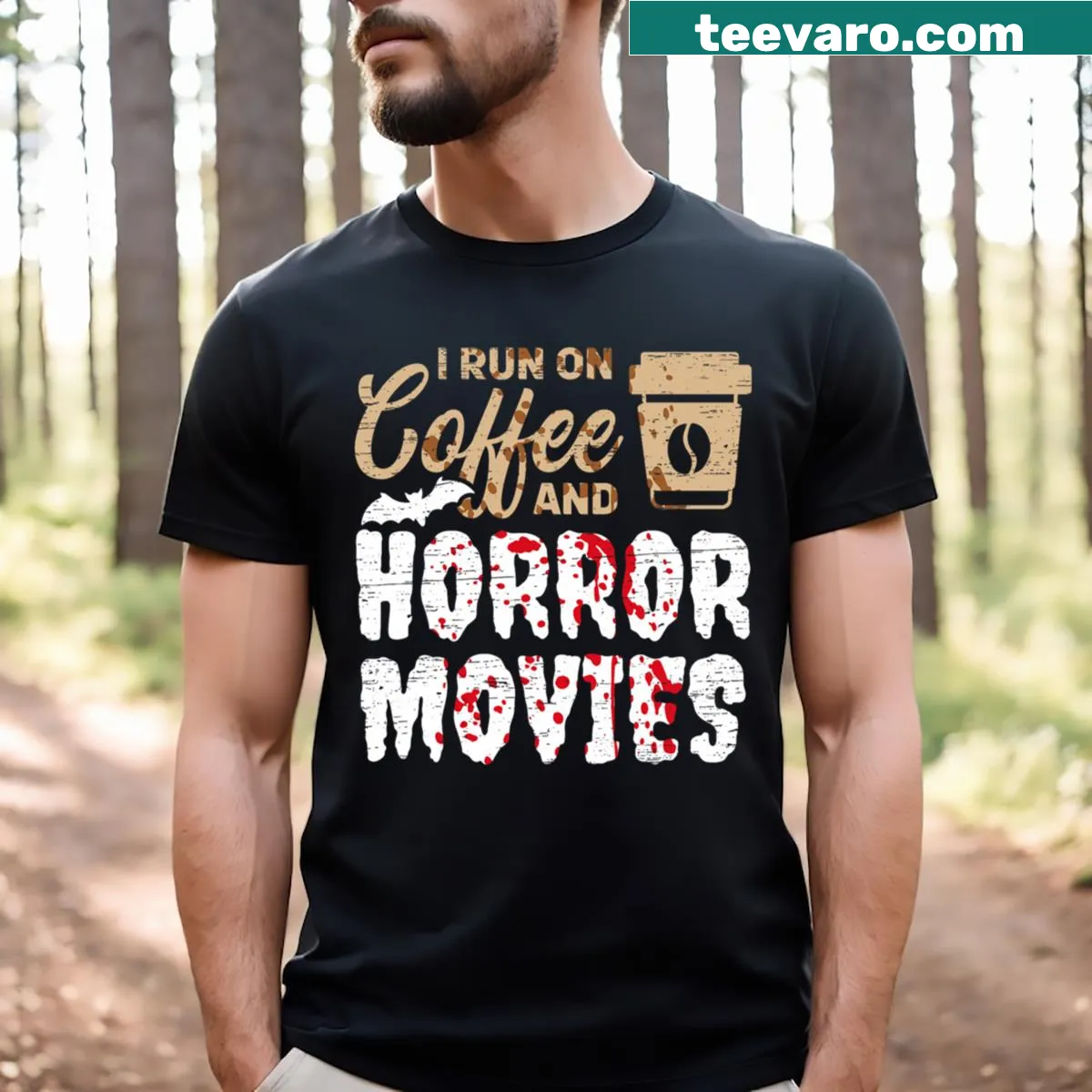 Funny Halloween t-shirt with coffee and horror movie text — on a men's t-shirt