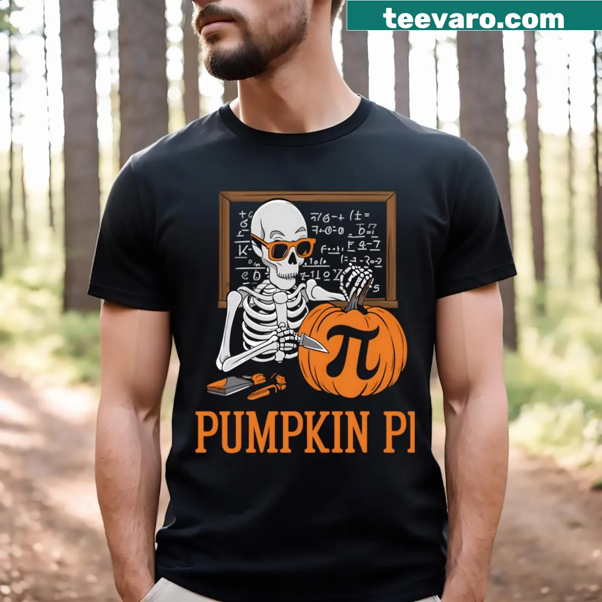 Halloween T-shirt for math teachers featuring pumpkin and pi symbol — on a men's t-shirt
