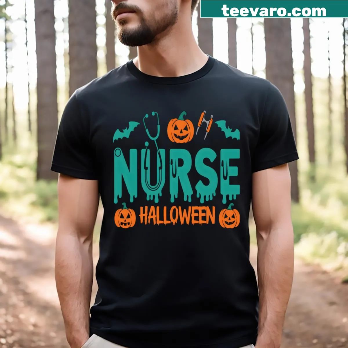Halloween Nurse Boo t-shirt with playful 'Boo' text — on a men's t-shirt