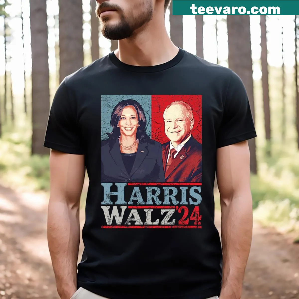 T-shirt with 'Harris Waltz 2024 Election Kamala Harris Tim Walz 2024' text — on a men's t-shirt