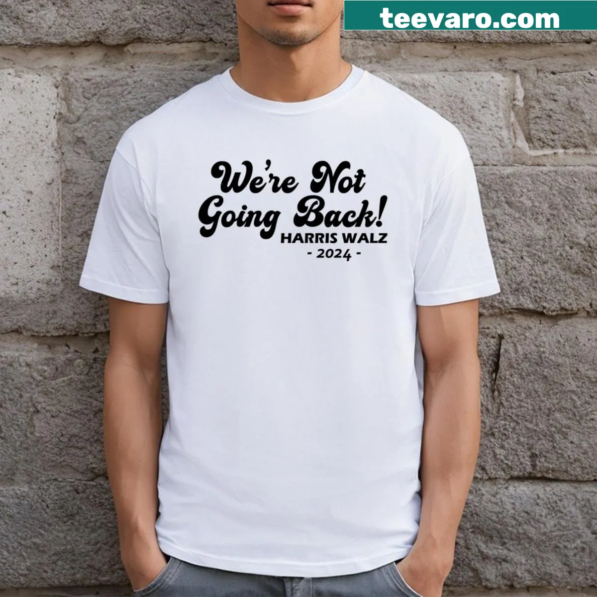 T-shirt advocating support for Harris Walz for America. — on a men's t-shirt