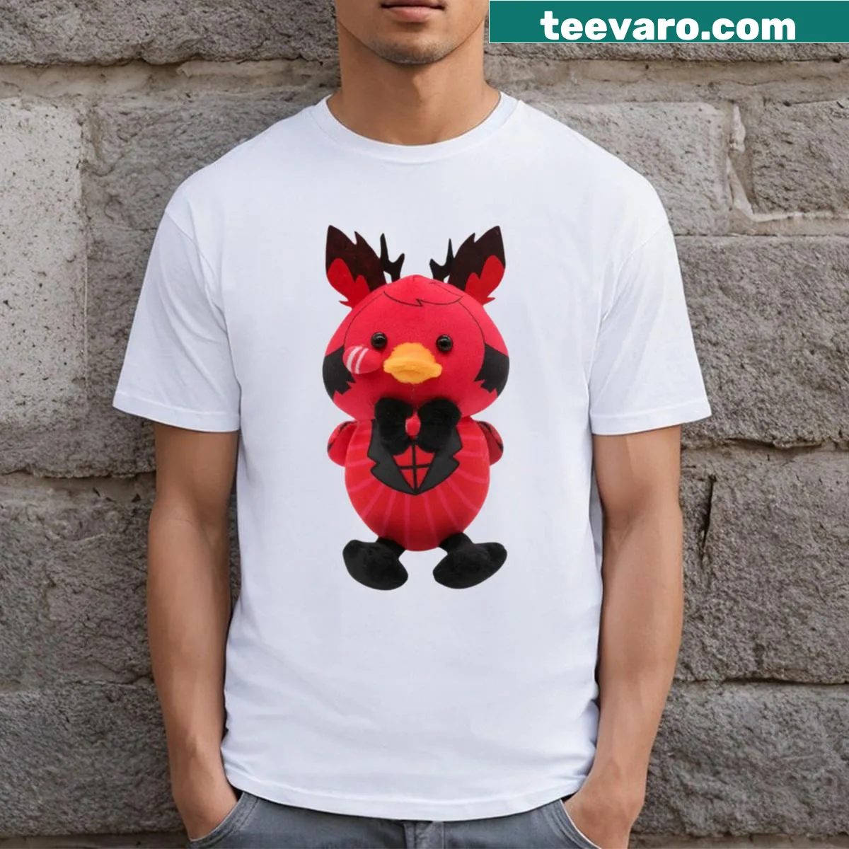 Cartoon duck graphic from Hazbin Hotel on T-shirt — on a men's t-shirt