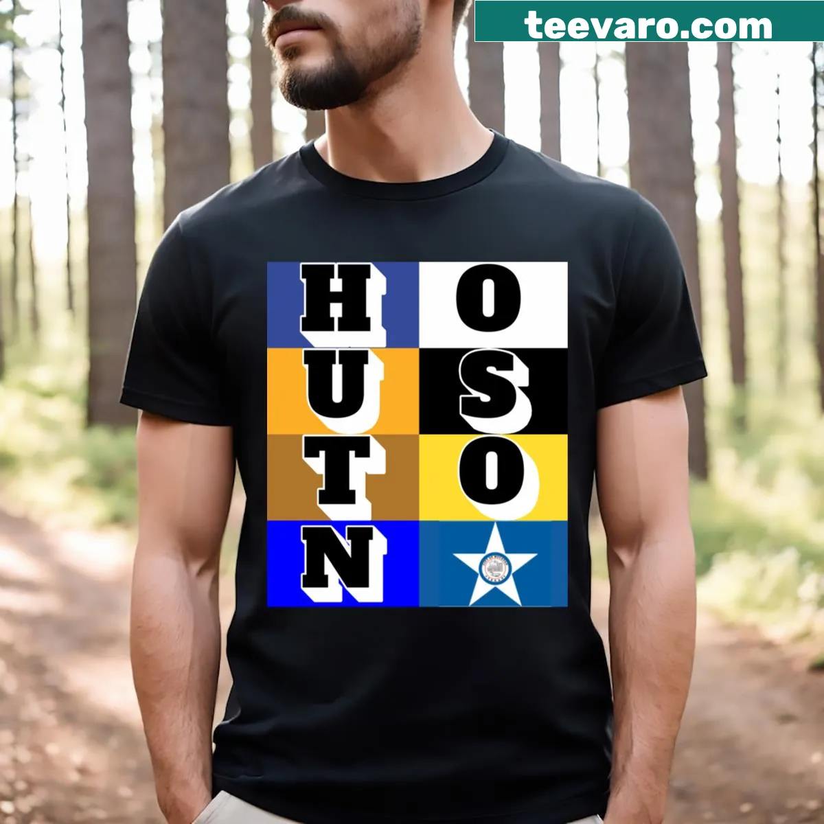 Stylish typography design T-shirt celebrating Houston — on a men's t-shirt