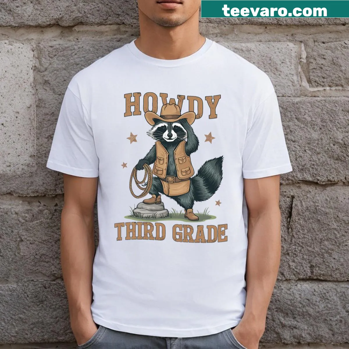 Cute cartoon raccoon cowboy design for third graders — on a men's t-shirt