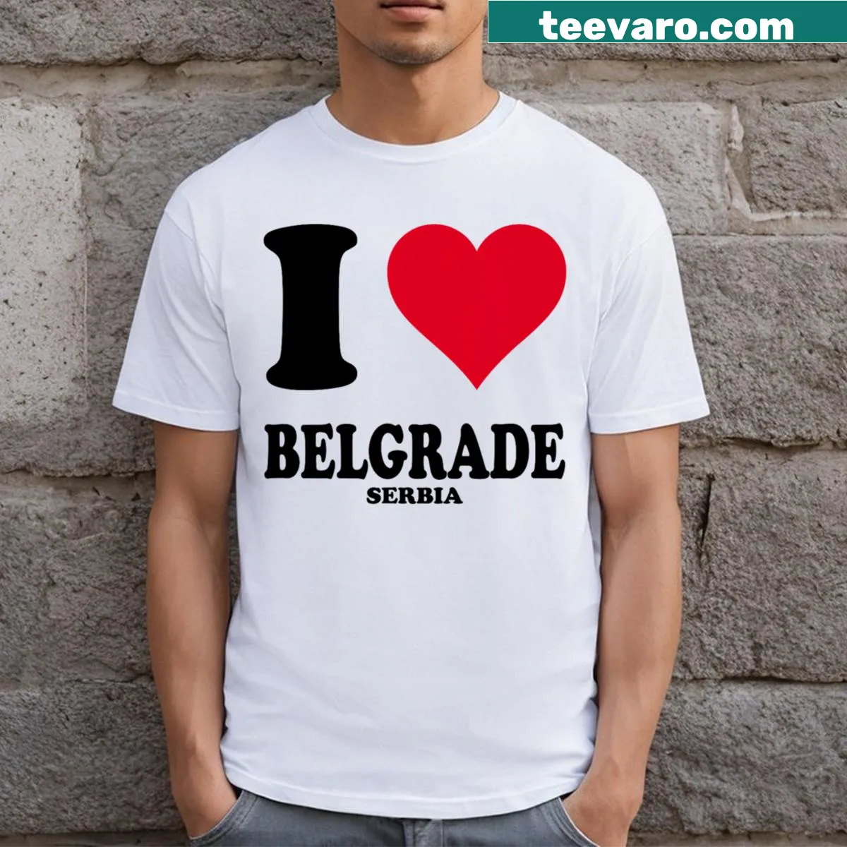 Illustrative T-shirt expressing love for Belgrade — on a men's t-shirt