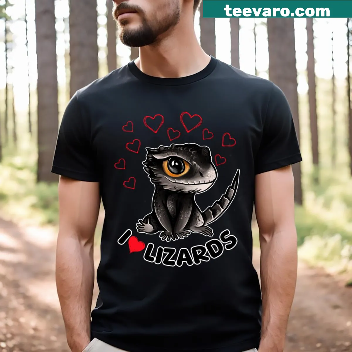 Cute red-eyed crocodile skink graphic on T-shirt — on a men's t-shirt