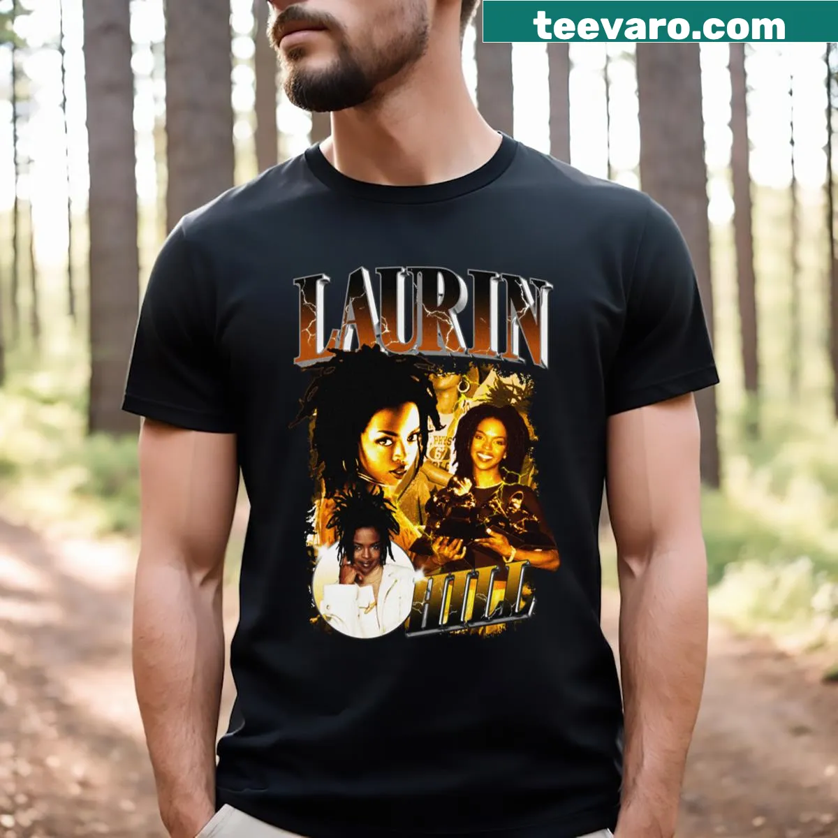 Collage design celebrating Lauryn Hill on a t-shirt. — on a men's t-shirt
