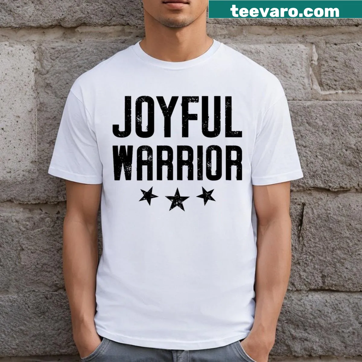 Joyful Warrior Kamala 2024 t-shirt with bold inspirational typography — on a men's t-shirt