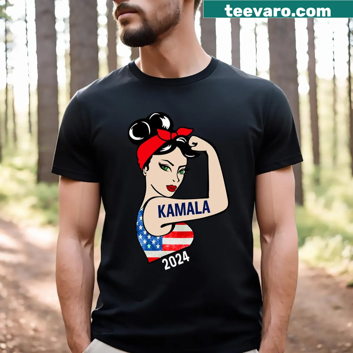 Funny t-shirt featuring Kamala Harris and an American flag — on a men's t-shirt
