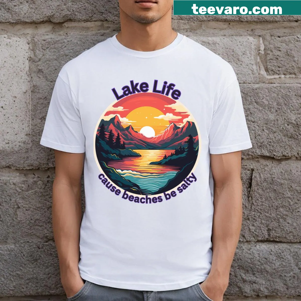 T-shirt with playful text about lake life and beach vibes. — on a men's t-shirt