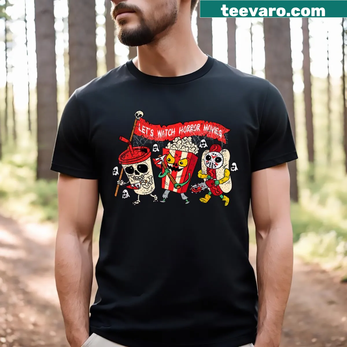 Retro T-shirt with a slogan about watching horror movies — on a men's t-shirt
