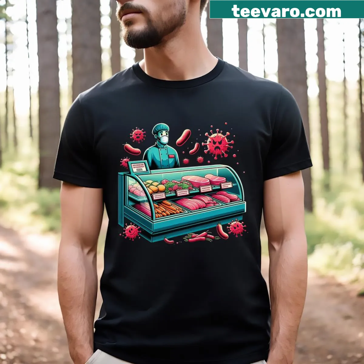 Humorous illustration of listeria and deli meats on a t-shirt — on a men's t-shirt