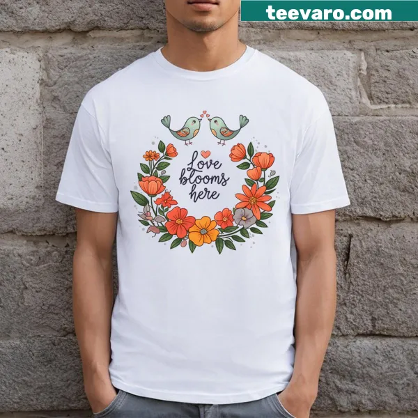Doodle style t-shirt with the phrase 'Love Blooms Here' and whimsical illustrations