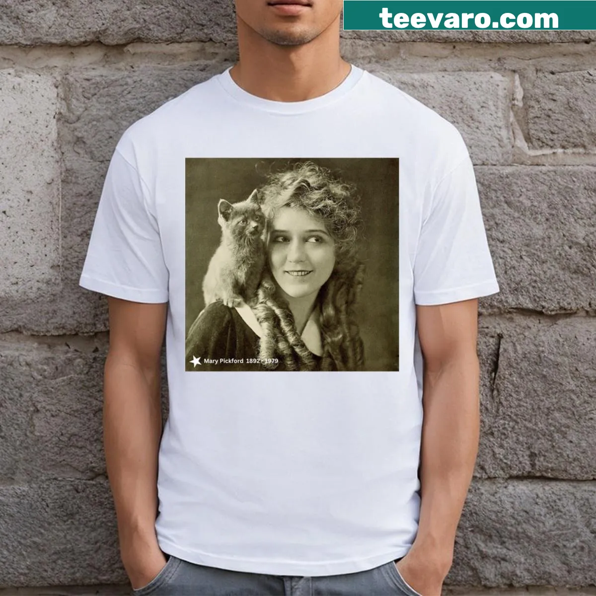 Vintage-style graphic celebrating Mary Pickford on a T-shirt. — on a men's t-shirt