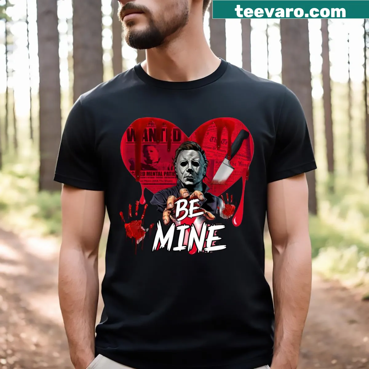 Illustrative Michael Myers design on a Halloween film t-shirt. — on a men's t-shirt