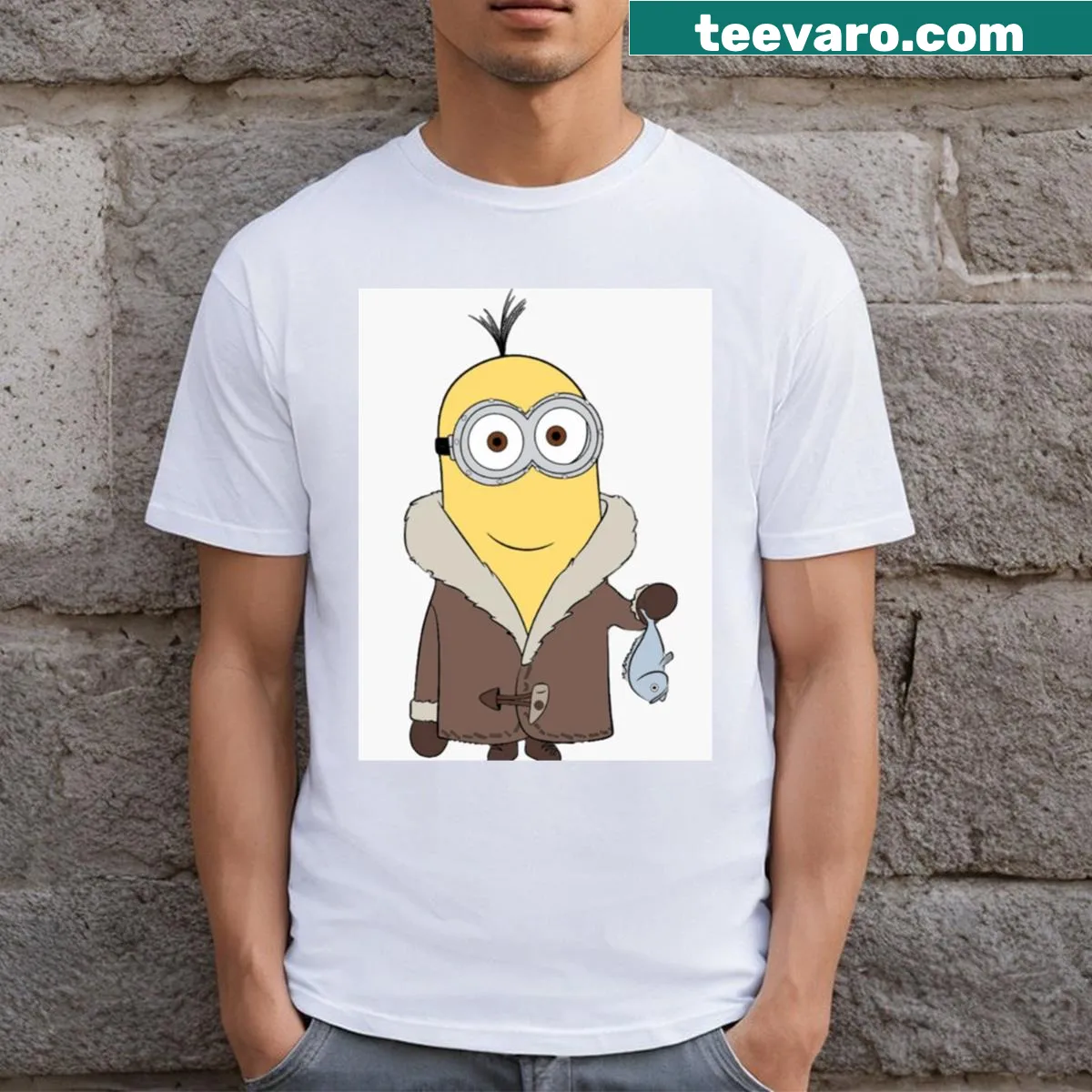 Funny Minion fishing graphic t-shirt featuring animated characters — on a men's t-shirt