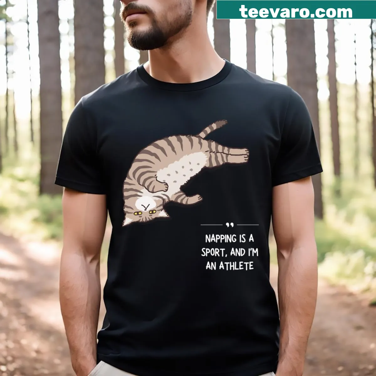 Cartoon cat with text 'Napping Is A Sport' on a T-shirt — on a men's t-shirt