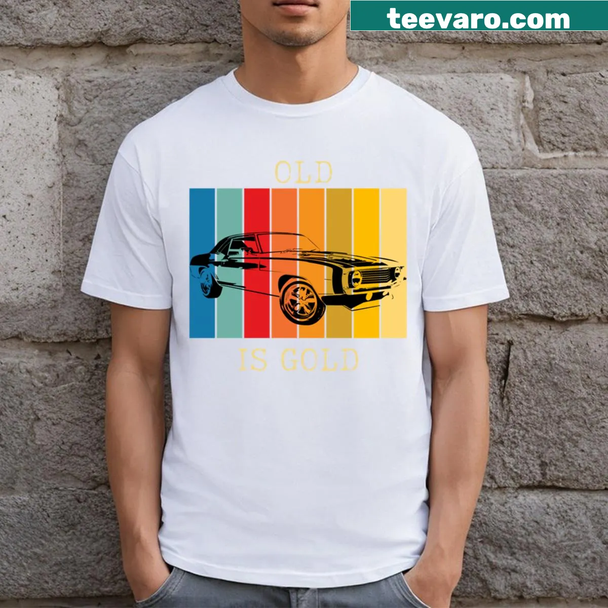 T-shirt with 'Old Is Gold' sentiment text — on a men's t-shirt