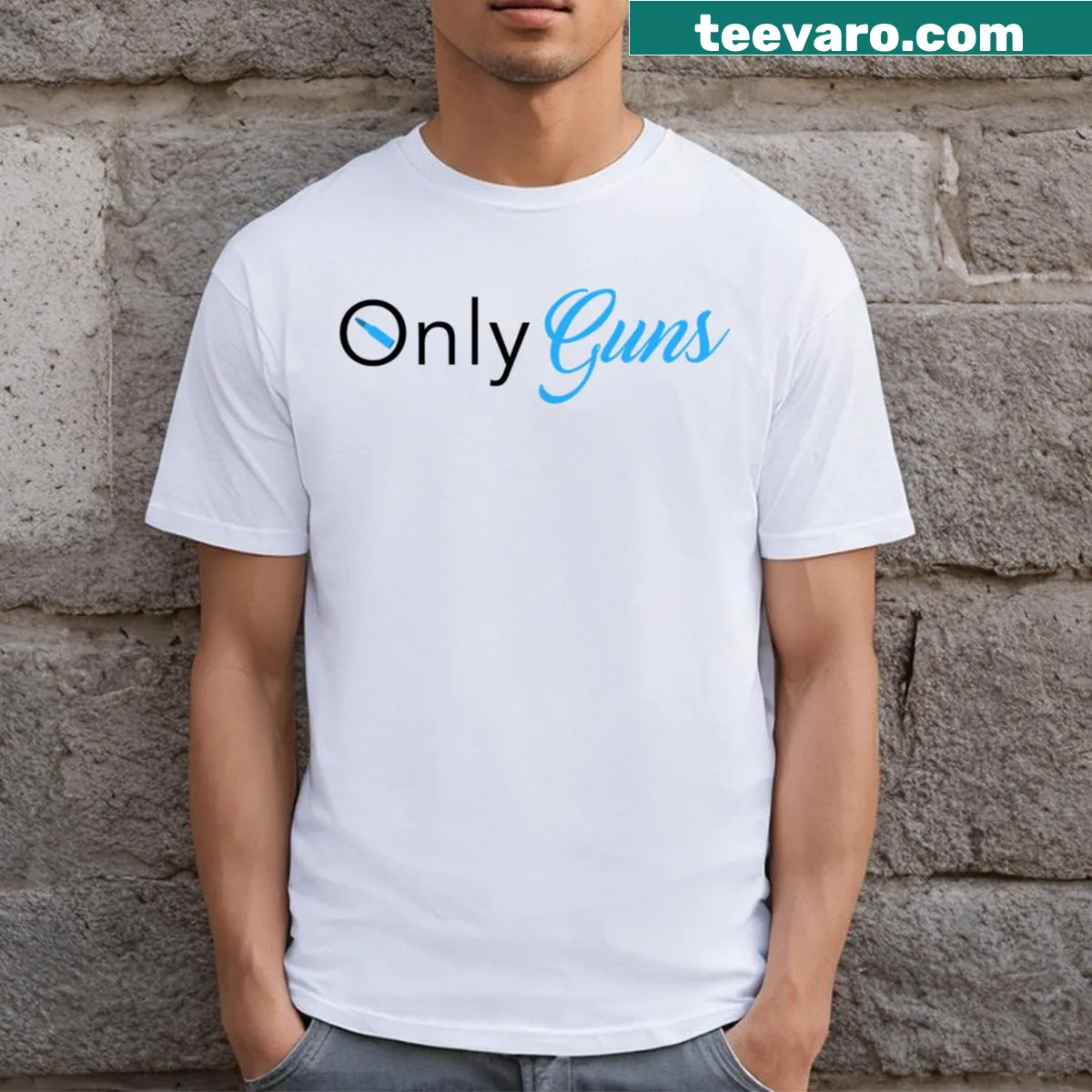 Humorous Only Guns t-shirt with a playful slogan — on a men's t-shirt