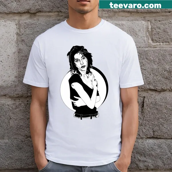 Black and white illustration of Patti Smith on a T-shirt