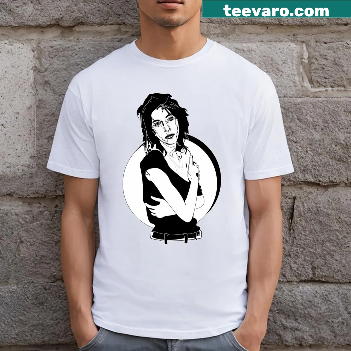 Black and white illustration of Patti Smith on a T-shirt — on a men's t-shirt