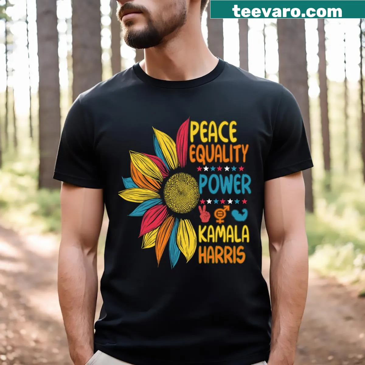 T-shirt featuring sunflower design and phrases about peace, equality, and power — on a men's t-shirt