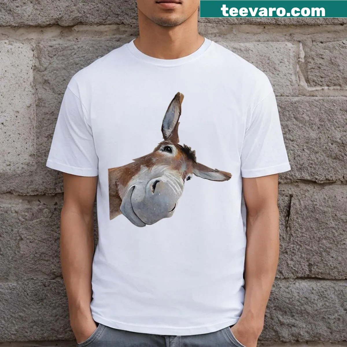 Funny illustration of a smiling donkey head on a t-shirt — on a men's t-shirt