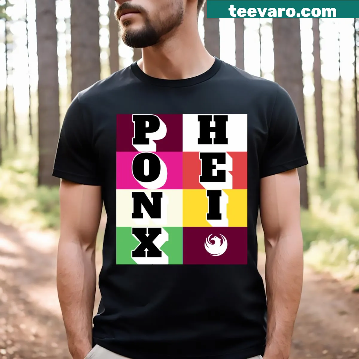Stylized typography graphic featuring the word 'Phoenix' on a T-shirt — on a men's t-shirt