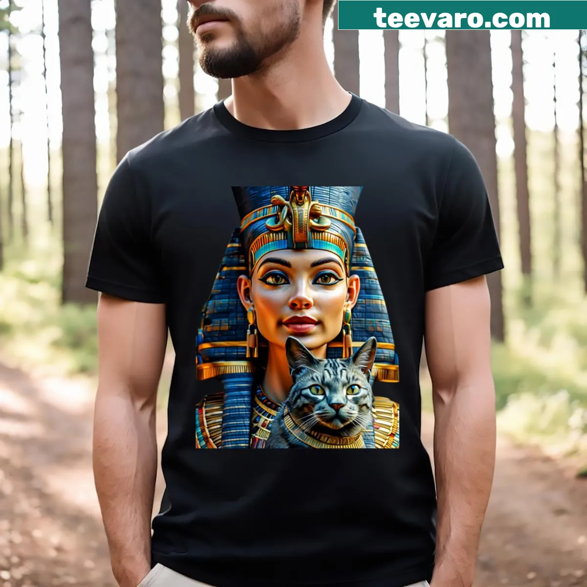 Illustrated T-shirt of Queen Nefertiti with her cat — on a men's t-shirt