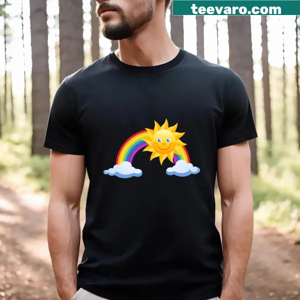 Illustrated rainbow and sun design on a T-shirt.
