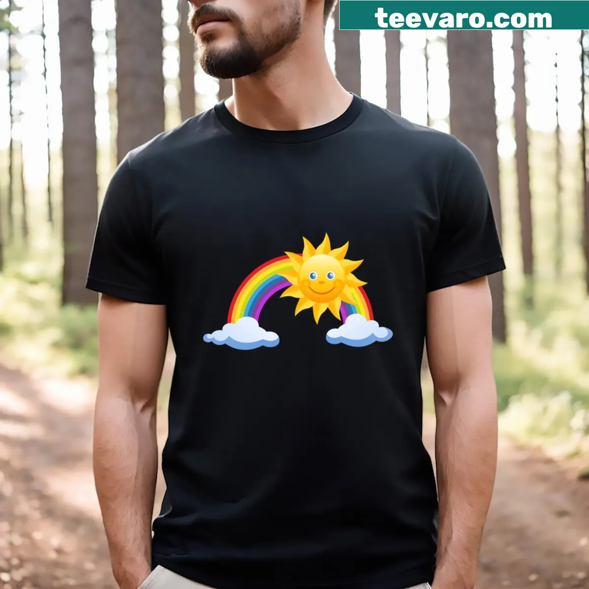 Illustrated rainbow and sun design on a T-shirt. — on a men's t-shirt