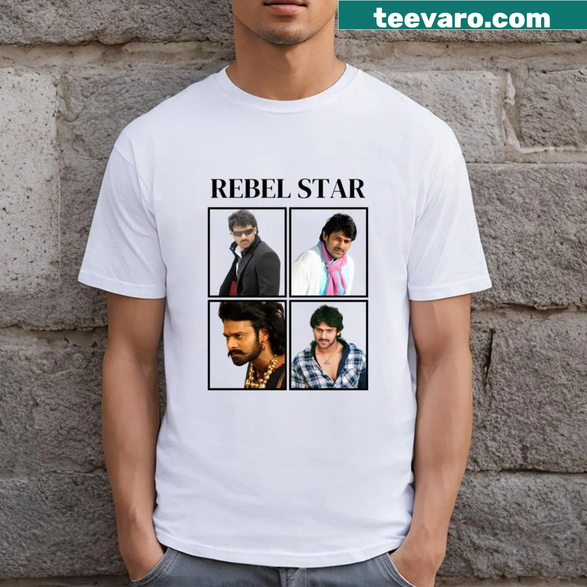 T-shirt featuring Rebel Star Prabhas wordmark — on a men's t-shirt