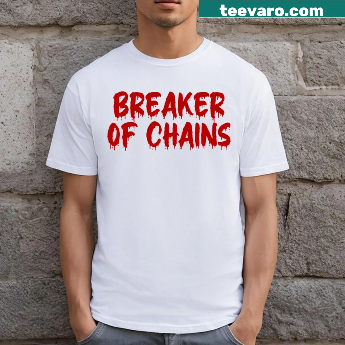 Graphic featuring breaker of chains and blood drip on a T-shirt. — on a men's t-shirt