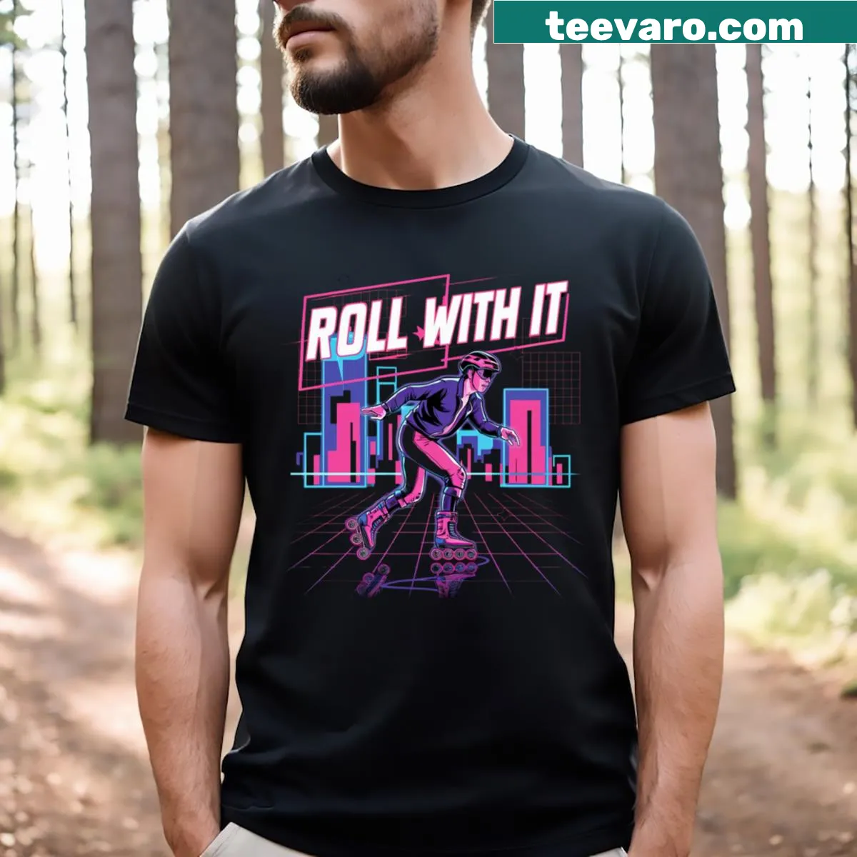 Retro rollerblading-themed t-shirt in playful design — on a men's t-shirt