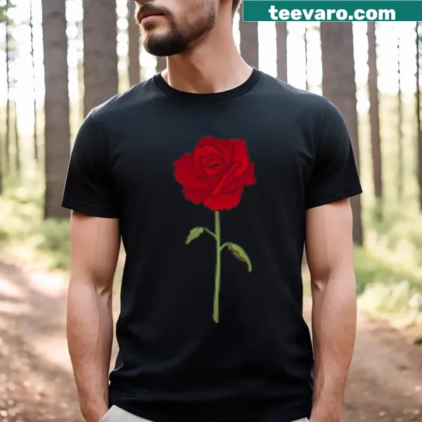 Floral t-shirt featuring red roses illustration against black background
